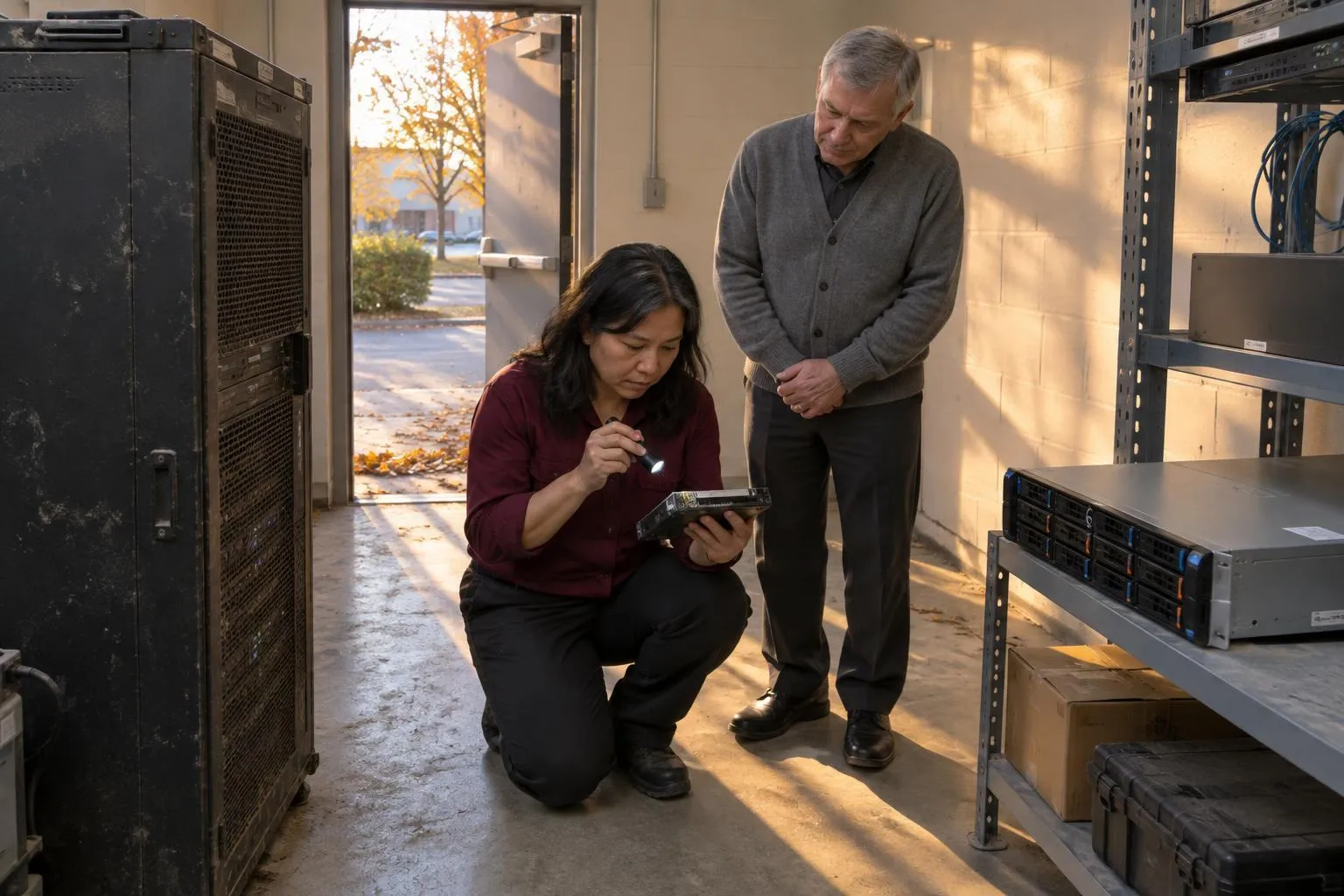 A consultant kneels by an old and a new server, checking a removed drive by flashlight while a law firm partner watches calmly.