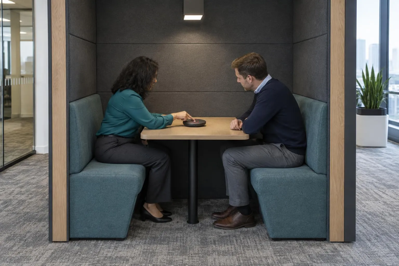 A legal IT privacy consultant demonstrates a conference microphone's mute control during a law firm's privacy review.