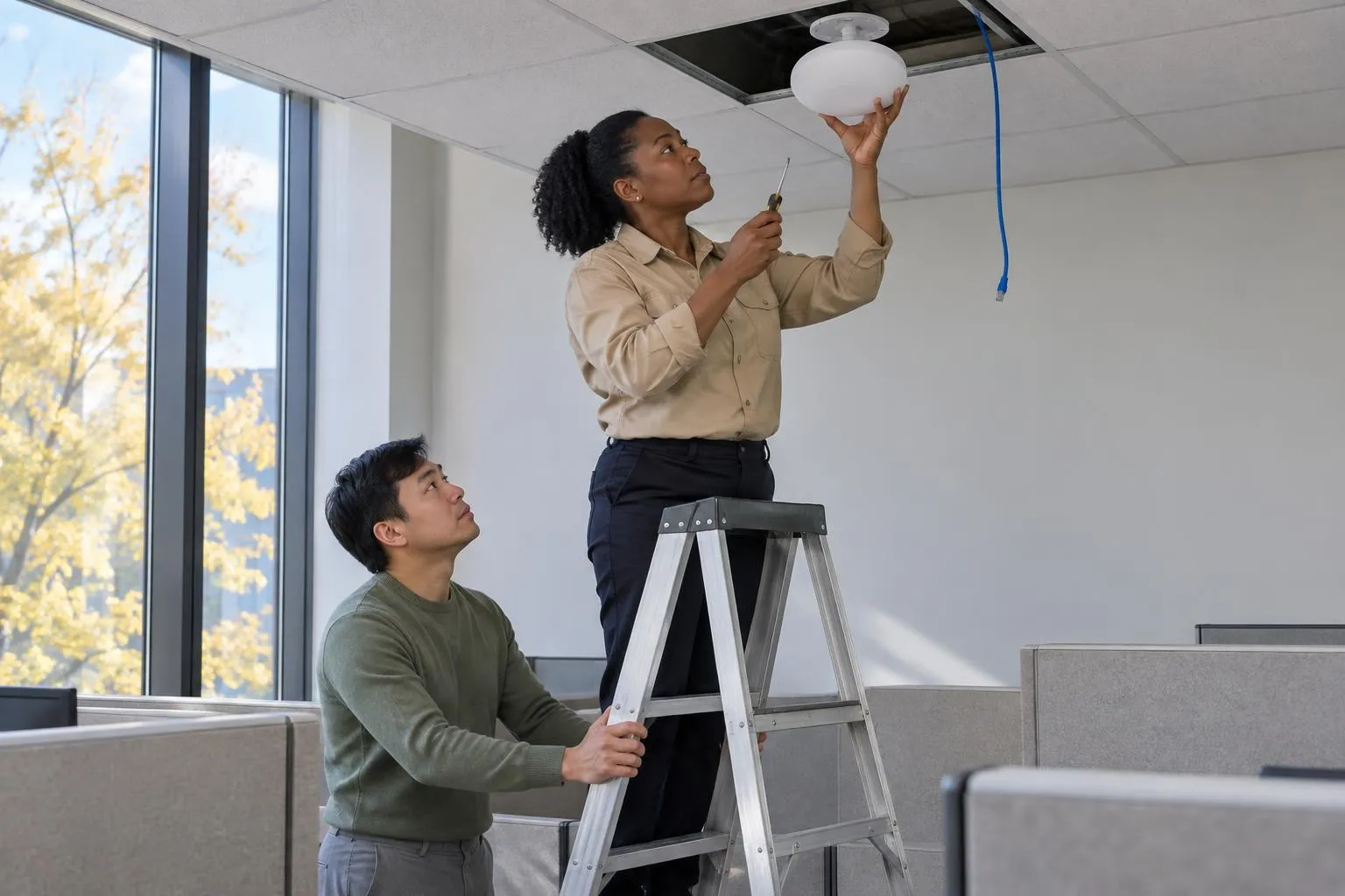 A consultant on a stepladder mounts a white wireless access point in a ceiling while a paralegal steadies the ladder below.