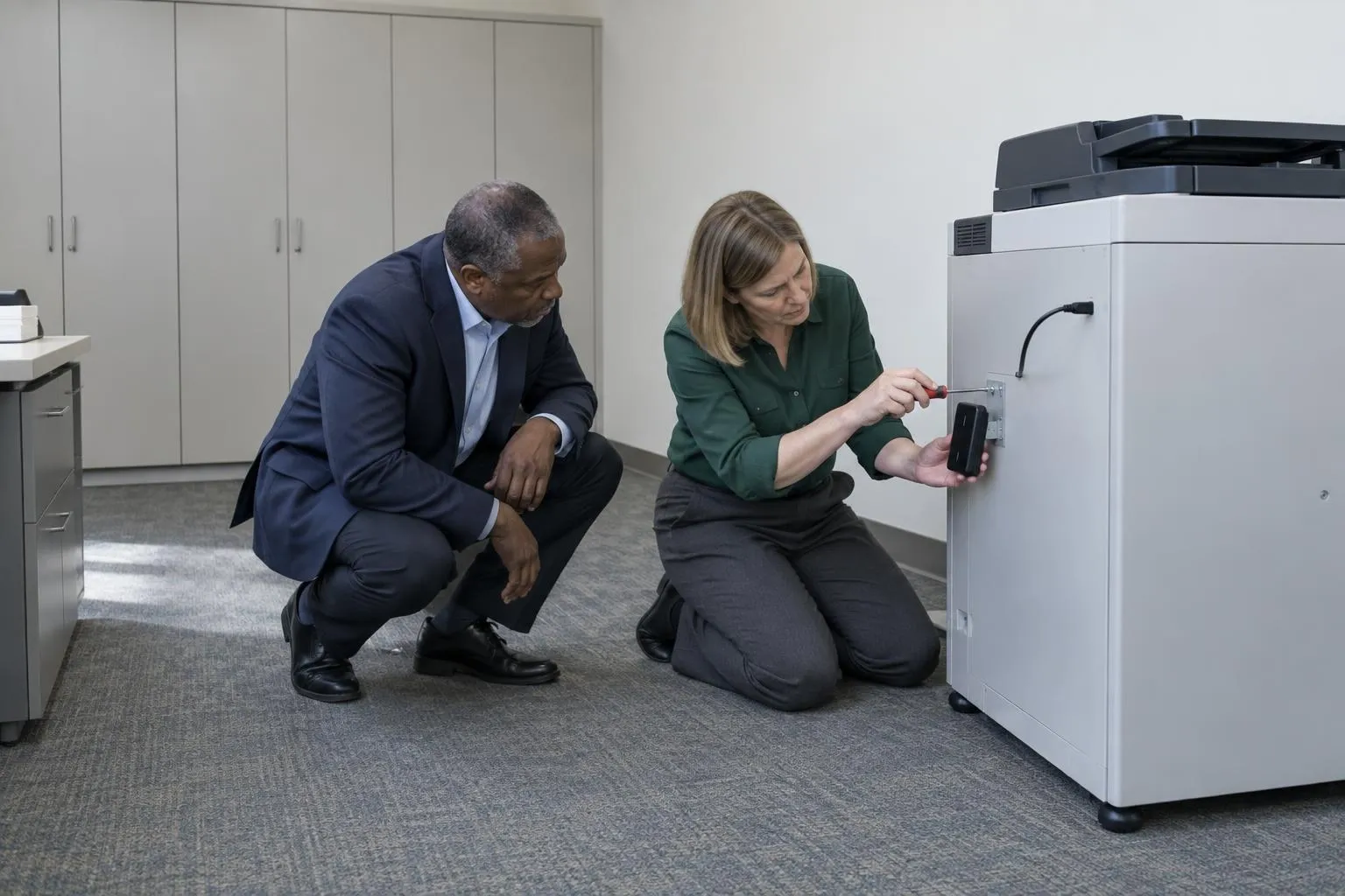A freelance legal IT consultant installs a secure-print reader while a law firm partner watches the work.