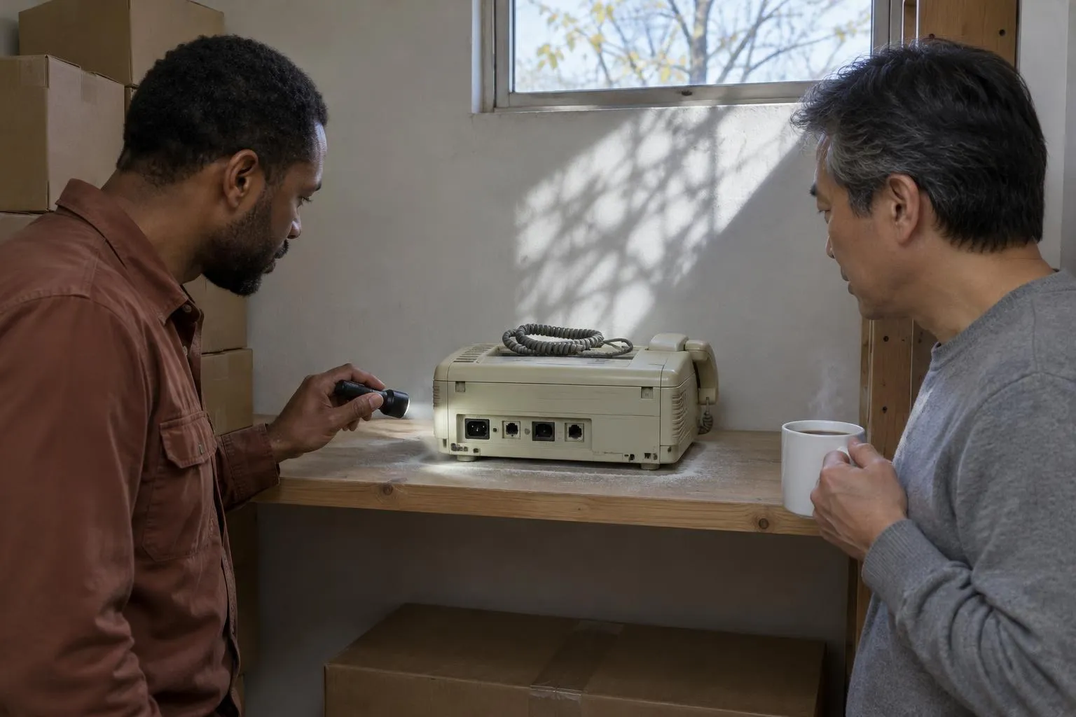 A consultant shines a flashlight on the empty ports of an unplugged fax machine while a lawyer looks on in a storage nook.