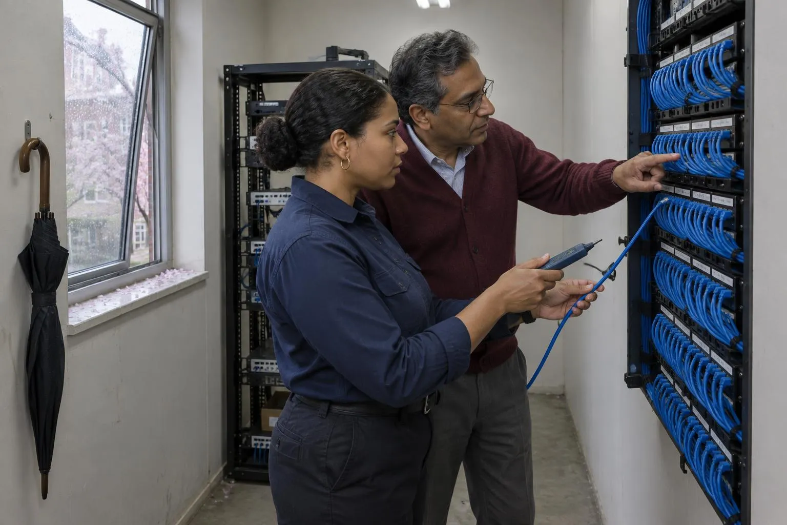 A consultant touches a tone probe to one blue cable on a patch panel while a partner points to it in a wiring closet.