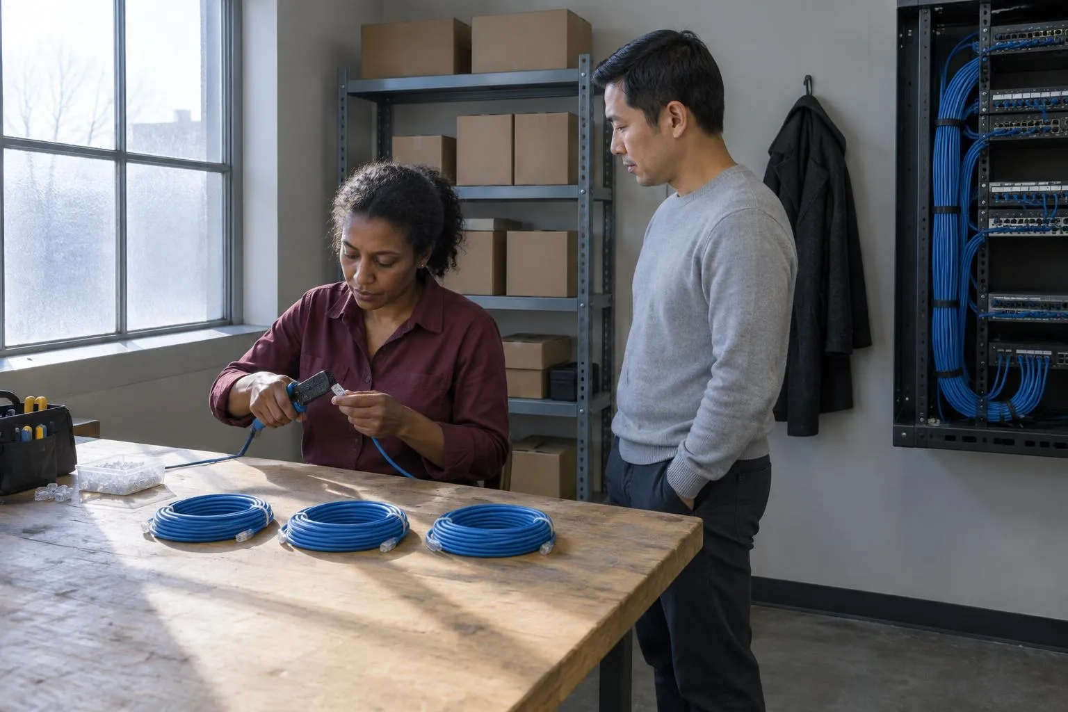 A consultant crimps a connector onto a blue network cable at a workbench while a lawyer watches beside three matched coiled cables.