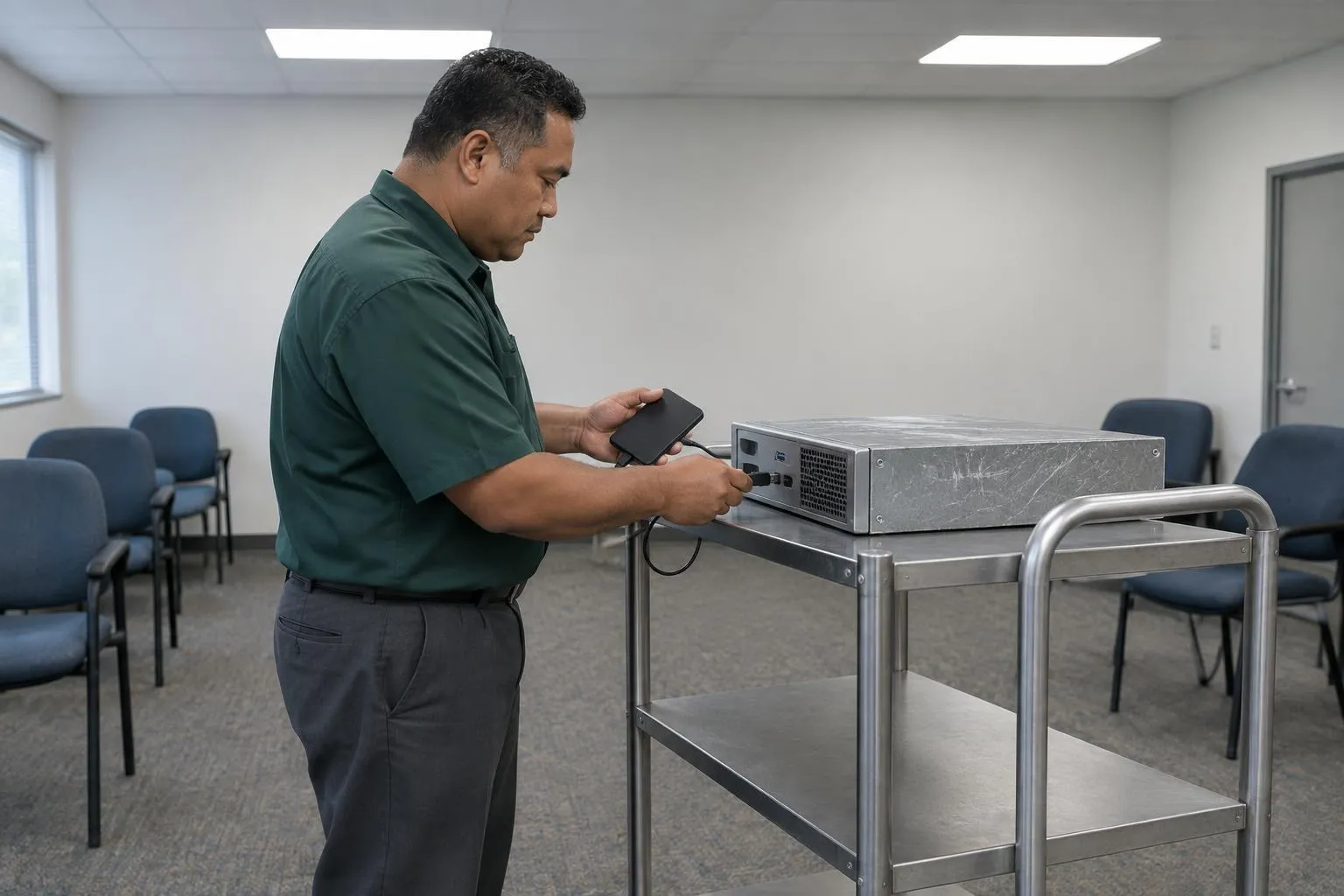 A legal IT consultant connects a portable backup drive to a modest recovery appliance on a training-room cart.