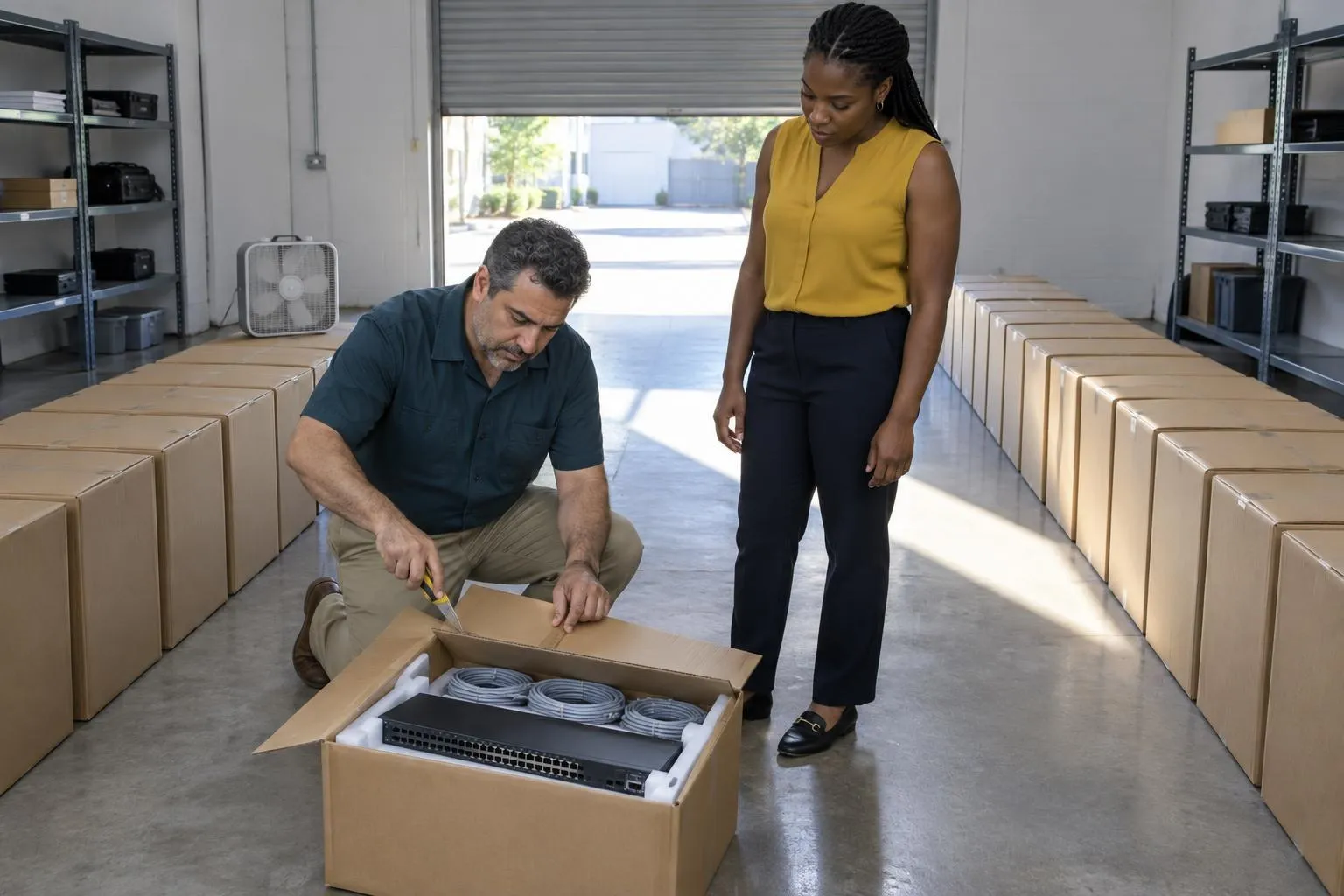 A consultant kneels to slit open the first of many sealed cartons while a law firm manager watches in a sunlit staging room.