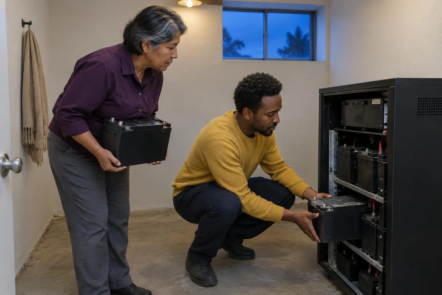 A consultant holding a new battery module guides a younger technician as he slides an old one out of a backup power cabinet.