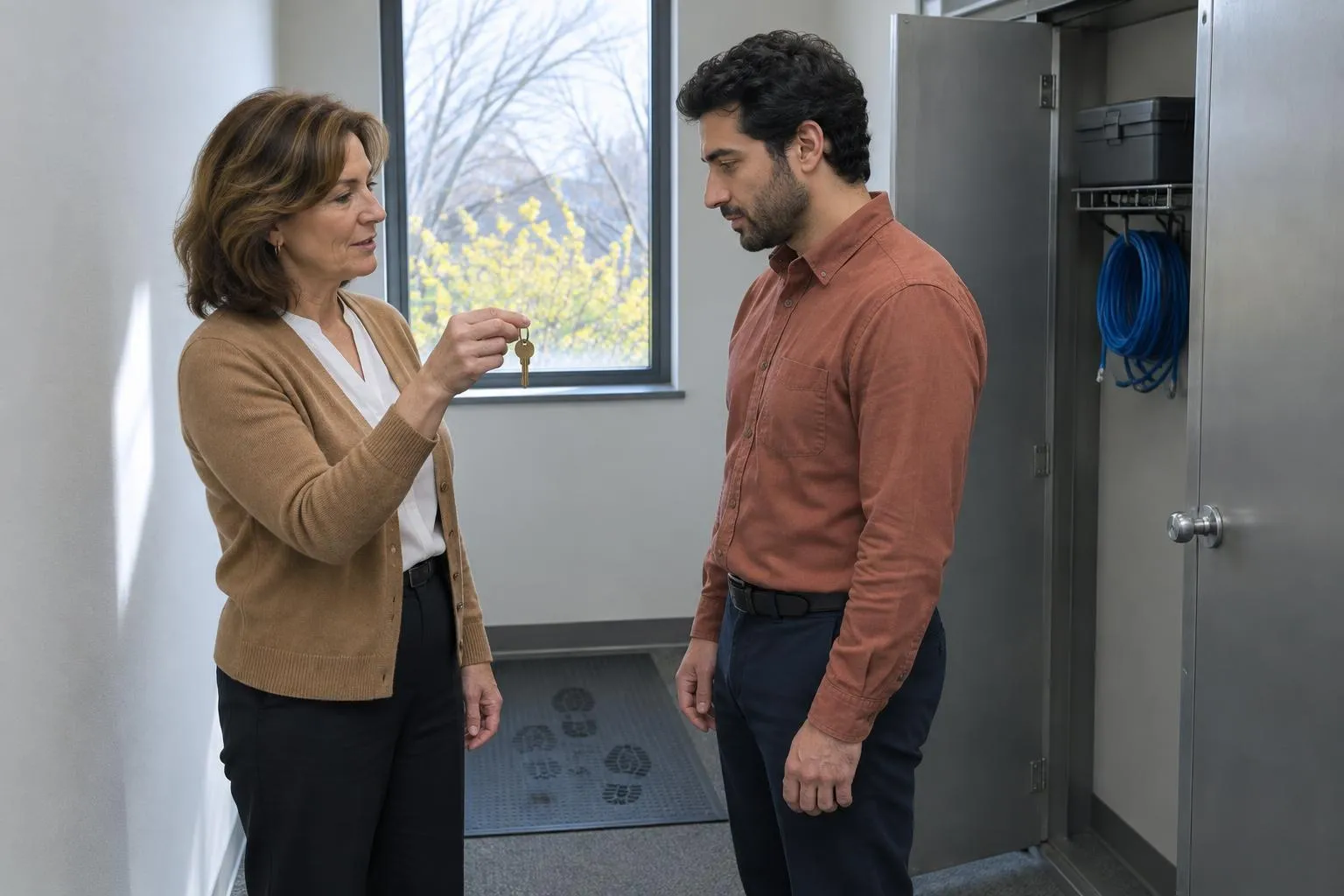 A managing partner holds a single key at an open equipment closet while a prospective IT consultant considers it.