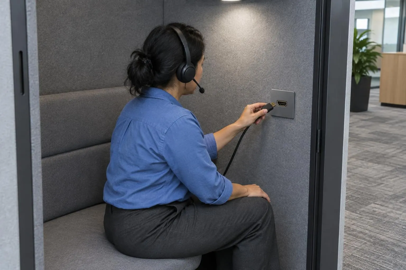A headset-wearing remote legal IT consultant checks an HDMI connector against a reference hub during a support call.