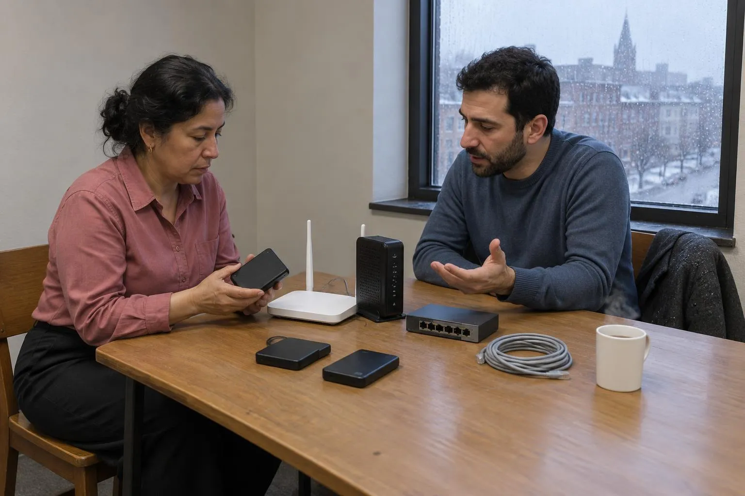 A consultant turns a black external drive in her hands as a firm administrator explains, with network devices laid out between them.