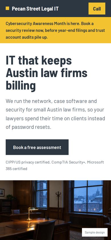 Sample business website, mobile view